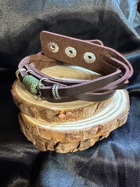paparazzi Brown Leather Wrap Bracelet with Green Accent